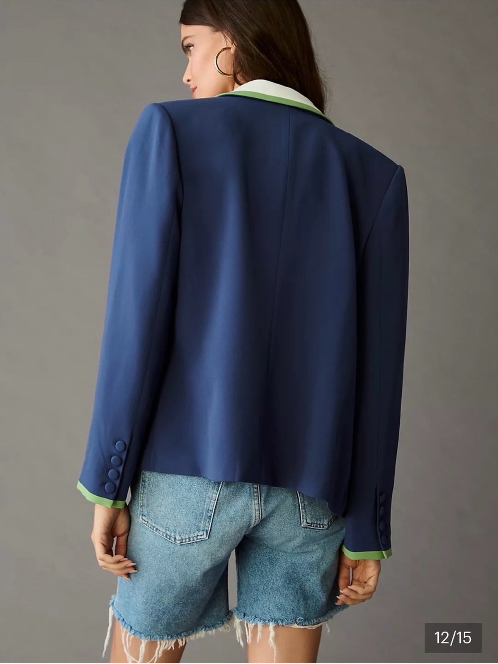 Mauve by Anthropologie French Navy Blazer with White & Green Trim Sz XS - Picture 3 of 9